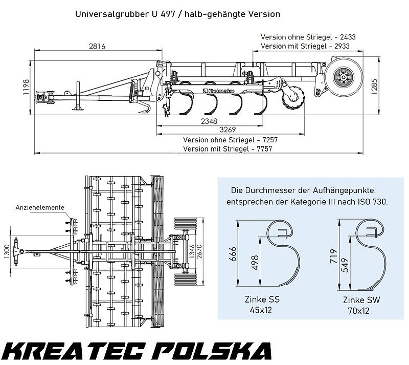 Rolmako Grubber universal / Universalgrubber U 497 halb-gehängte Version für Saatbettbereitung mit Zinken SS (Feder 45x12 mm) von 3 m bis 6 m